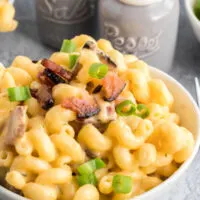 Mac and cheese with bacon in a white bowl with green onions.