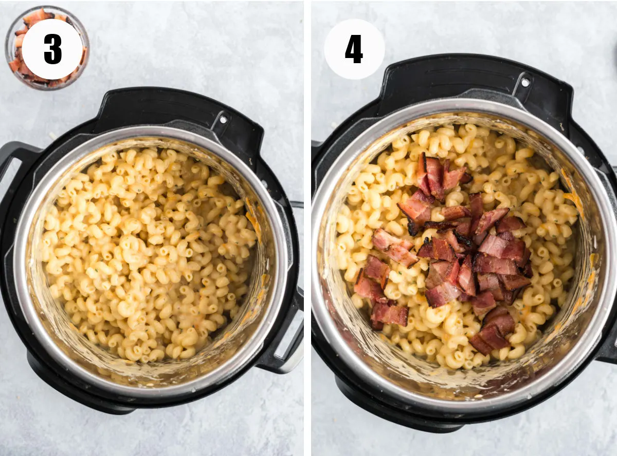 Process photos showing cheese mixed in noodles and bacon added.