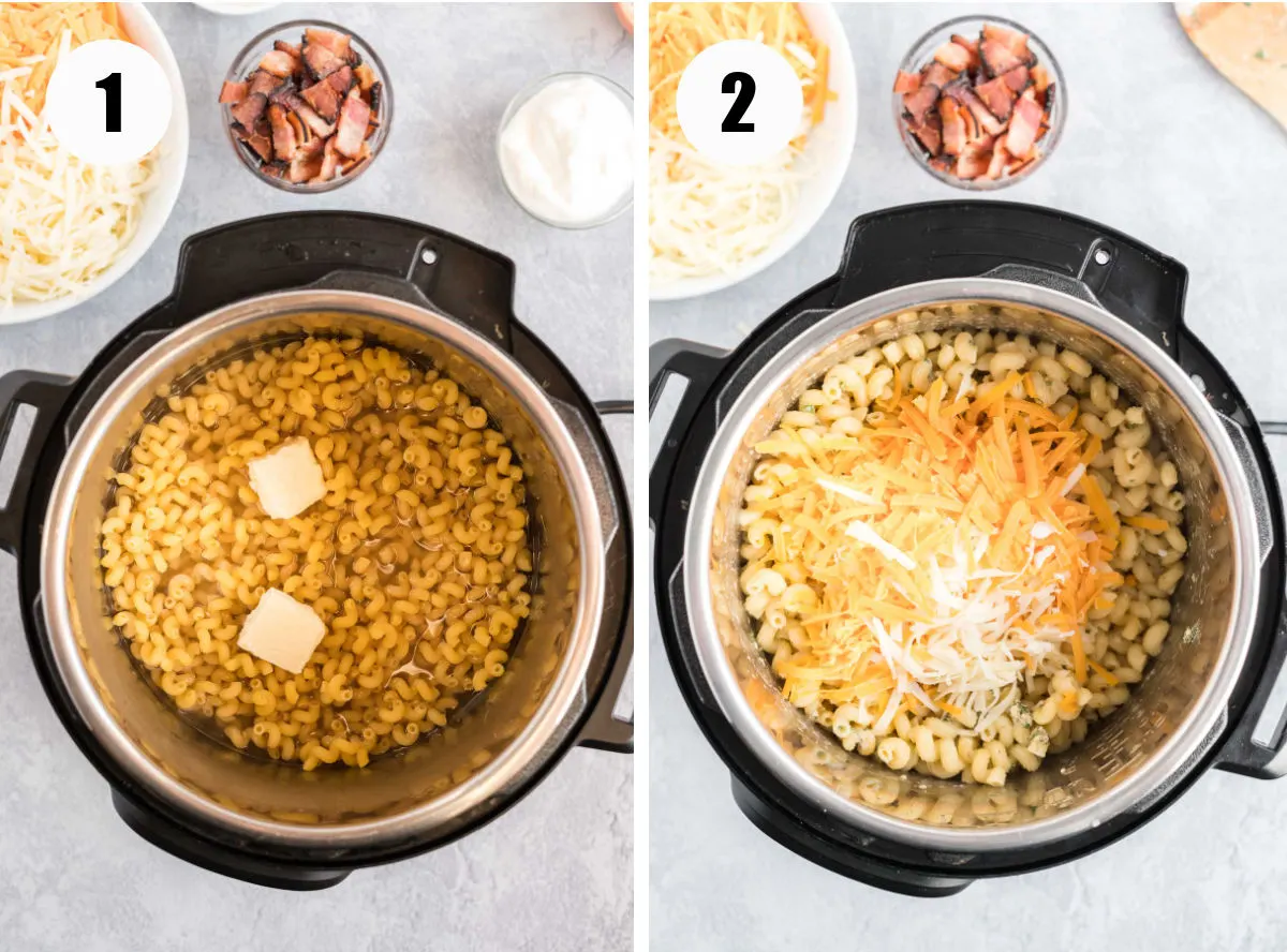 Process images showing noodles in pot before and after cooking.