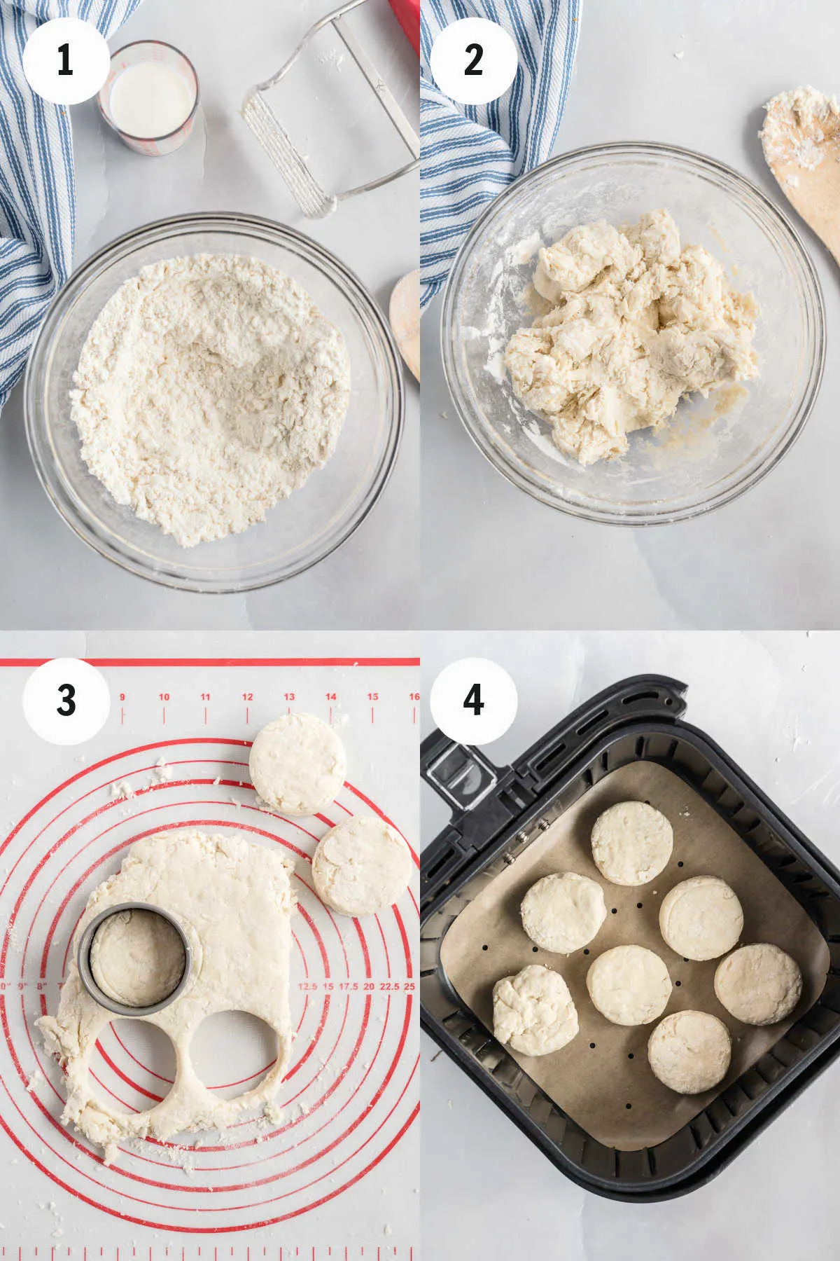 Mixing dough, cutting into rounds with biscuit cutter, and placing in air fryer basket.
