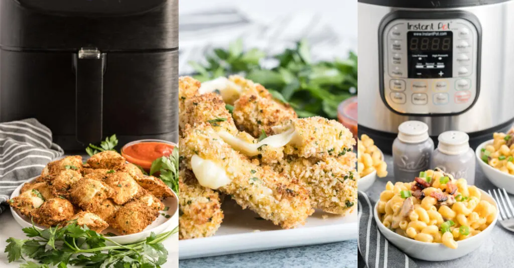 Toasted ravioli, breaded mozzarella sticks, and instant pot Mac and cheese. 