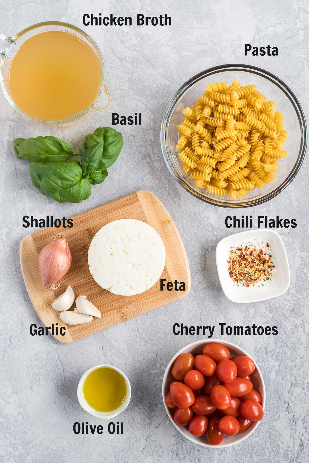 Ingredients for tomato feta pasta.