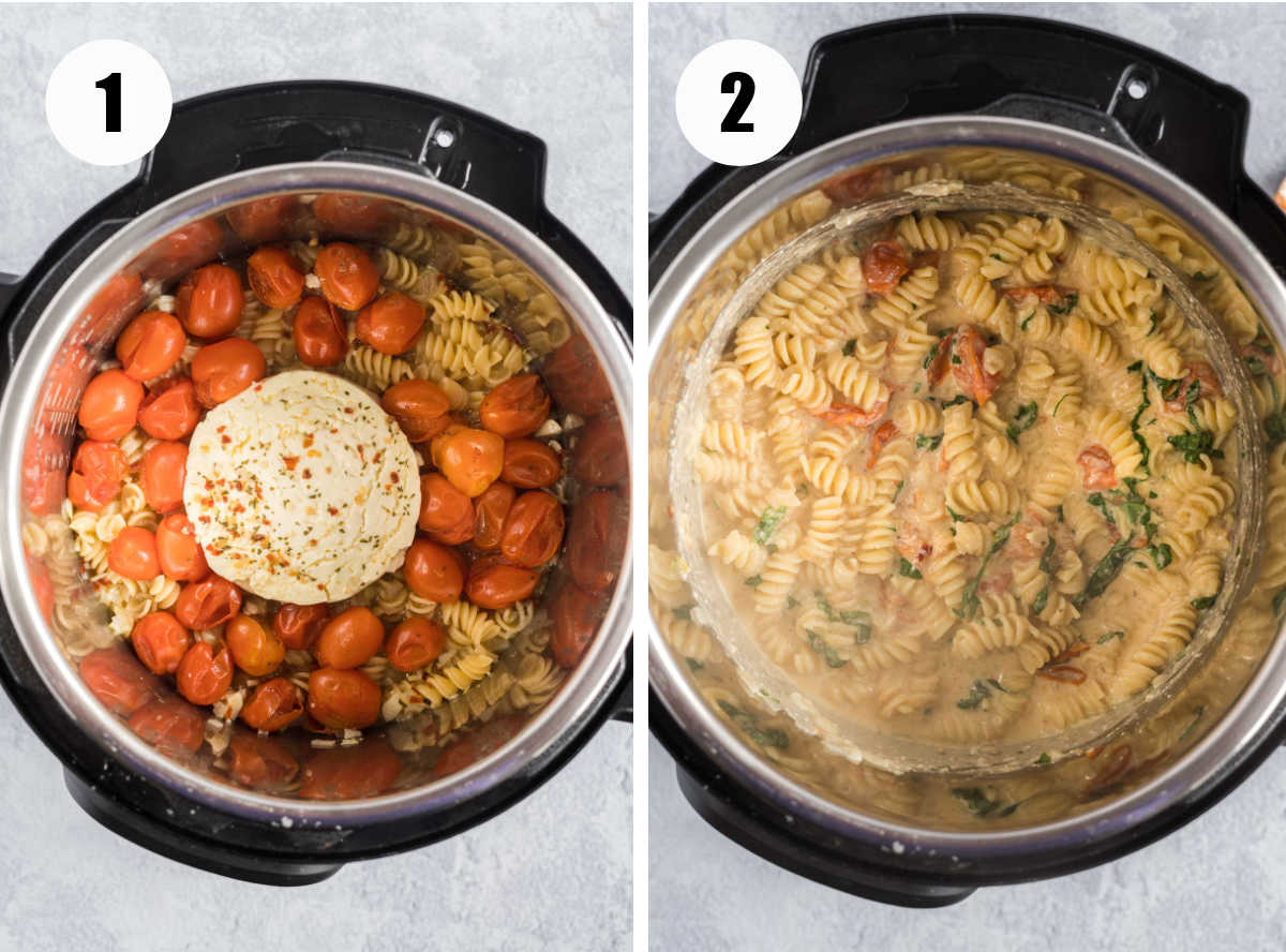 Tomato feta pasta in an instant pot before and after mixing.