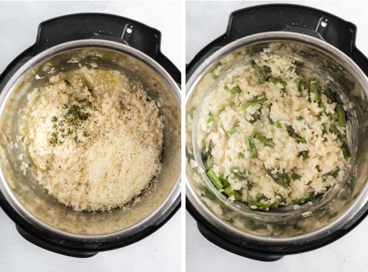 Collage of two photos showing cooked rice in an instant pot before and after mixing in parmesan cheese and asparagus.