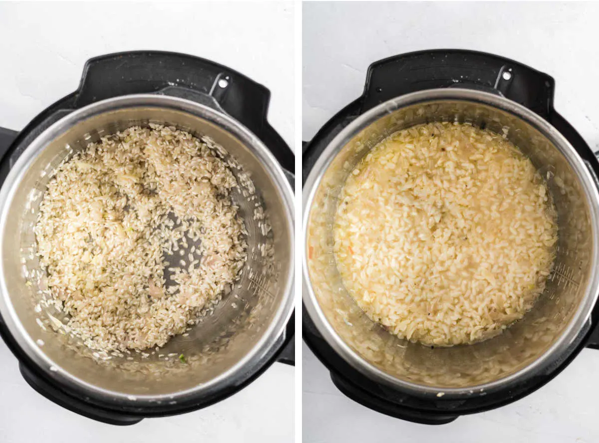 Rice in an instant pot before and after cooking.