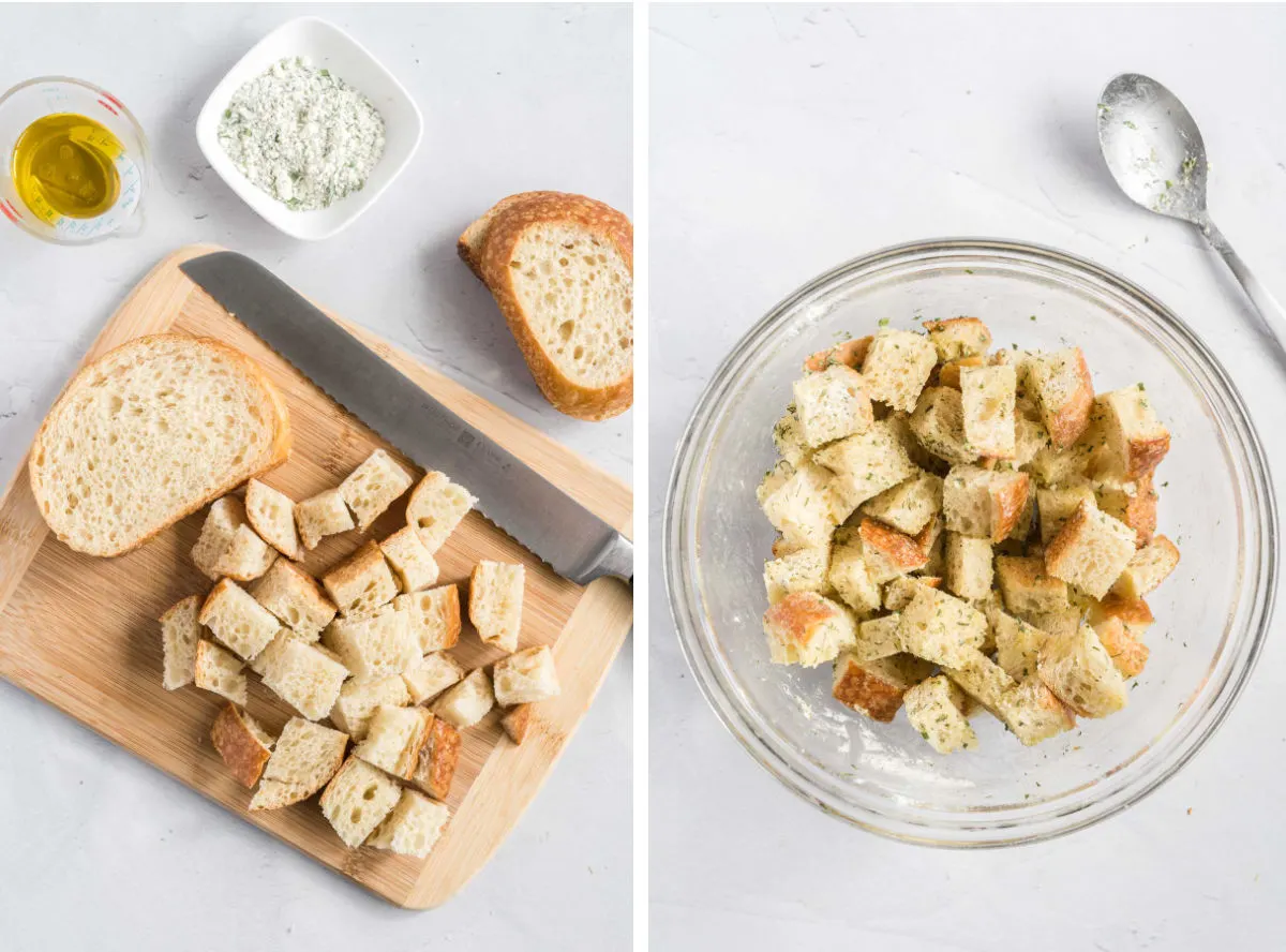 Bread cut into cubes on a cutting board and a bowl of bread cubes tossed in olive oil and ranch seasoning.