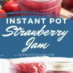 Strawberry jam in small mason jars with a spoon.