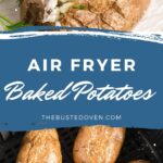 Four baked potatoes in an air fryer basket and one baked potato split open with sour cream, green onion and bacon.