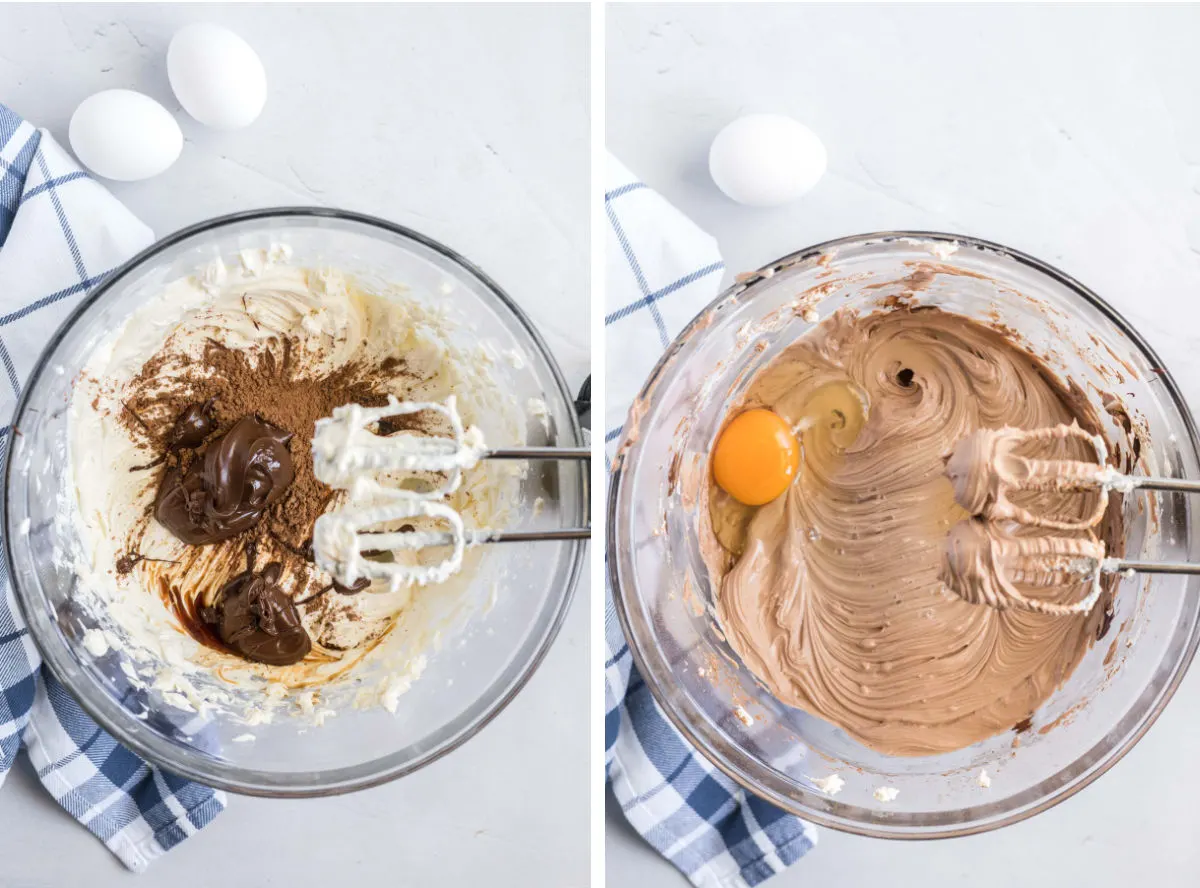 Mixing cheesecake ingredients in a large bowl showing one egg added at at time.