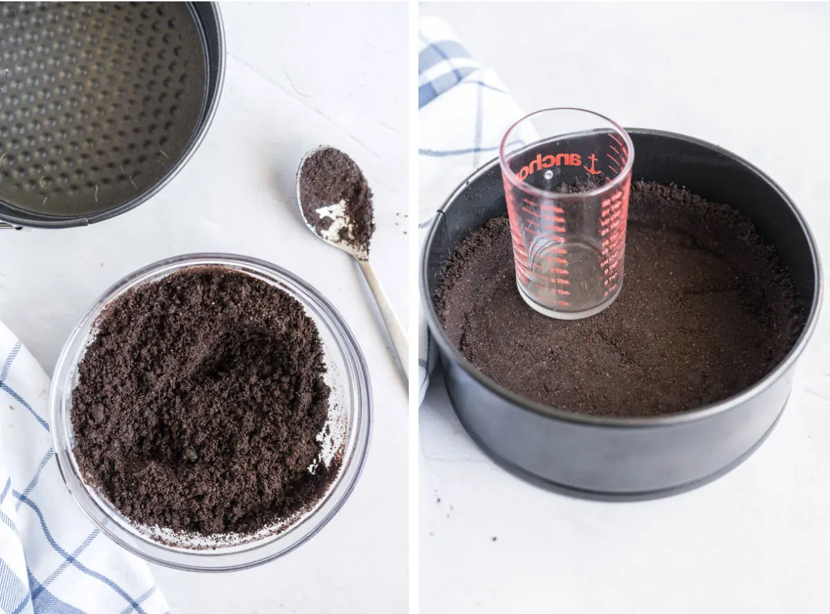 2 image collage. Left, Mixing cookie crumbs and melted butter in a bowl. Right, pressing cookie crumbs into a springform pan with the bottom of a glass.