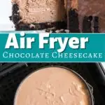 A slice of cheesecake being removed from the cake and an unbaked cheesecake in an air fryer basket.