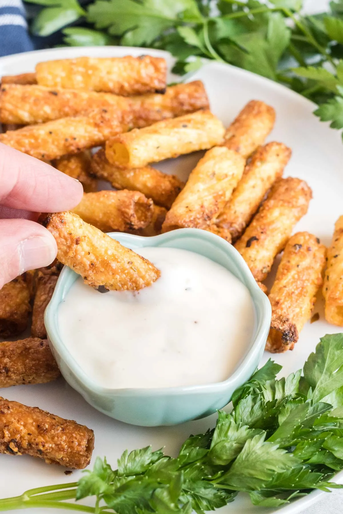 Pasta chip being dipped in garlic dip.