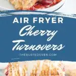 Cherry turnovers on a white plate with text overlay.