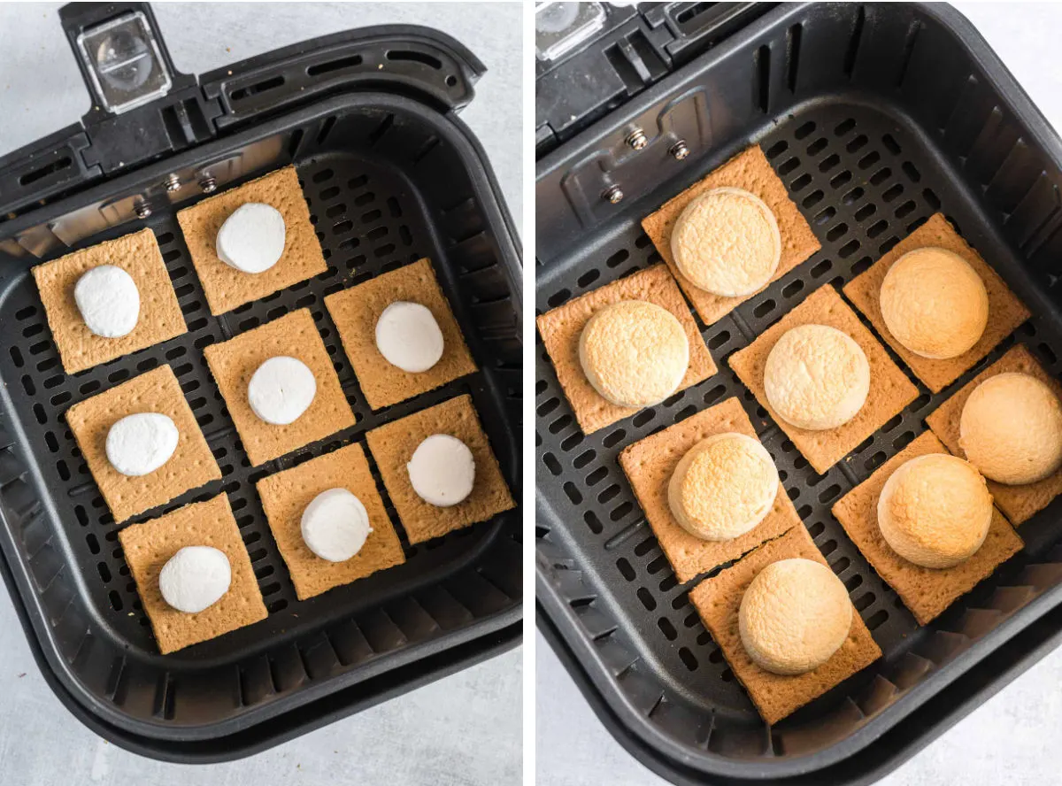 Graham cracker halves with marshmallows on top in an air fryer basket before and after toasting.