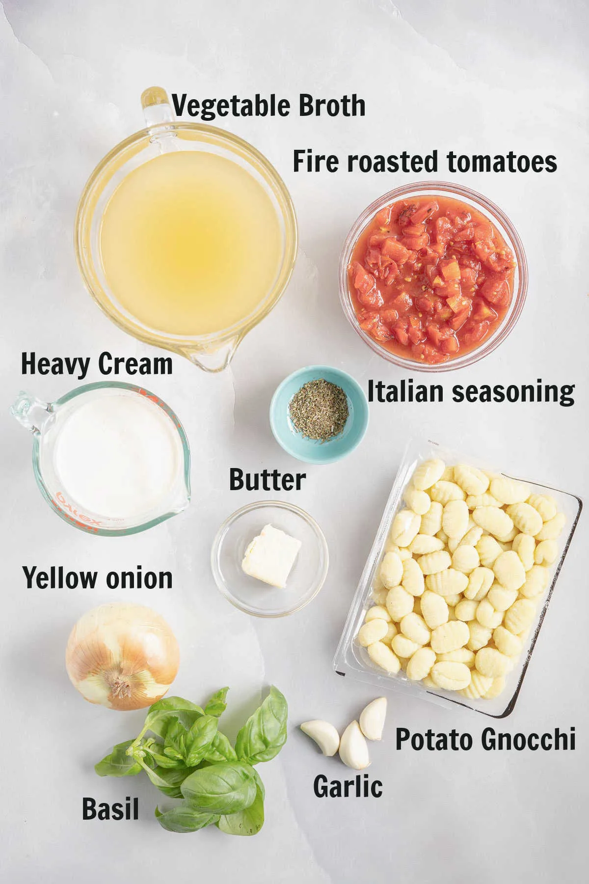 Ingredients for tomato gnocchi soup.