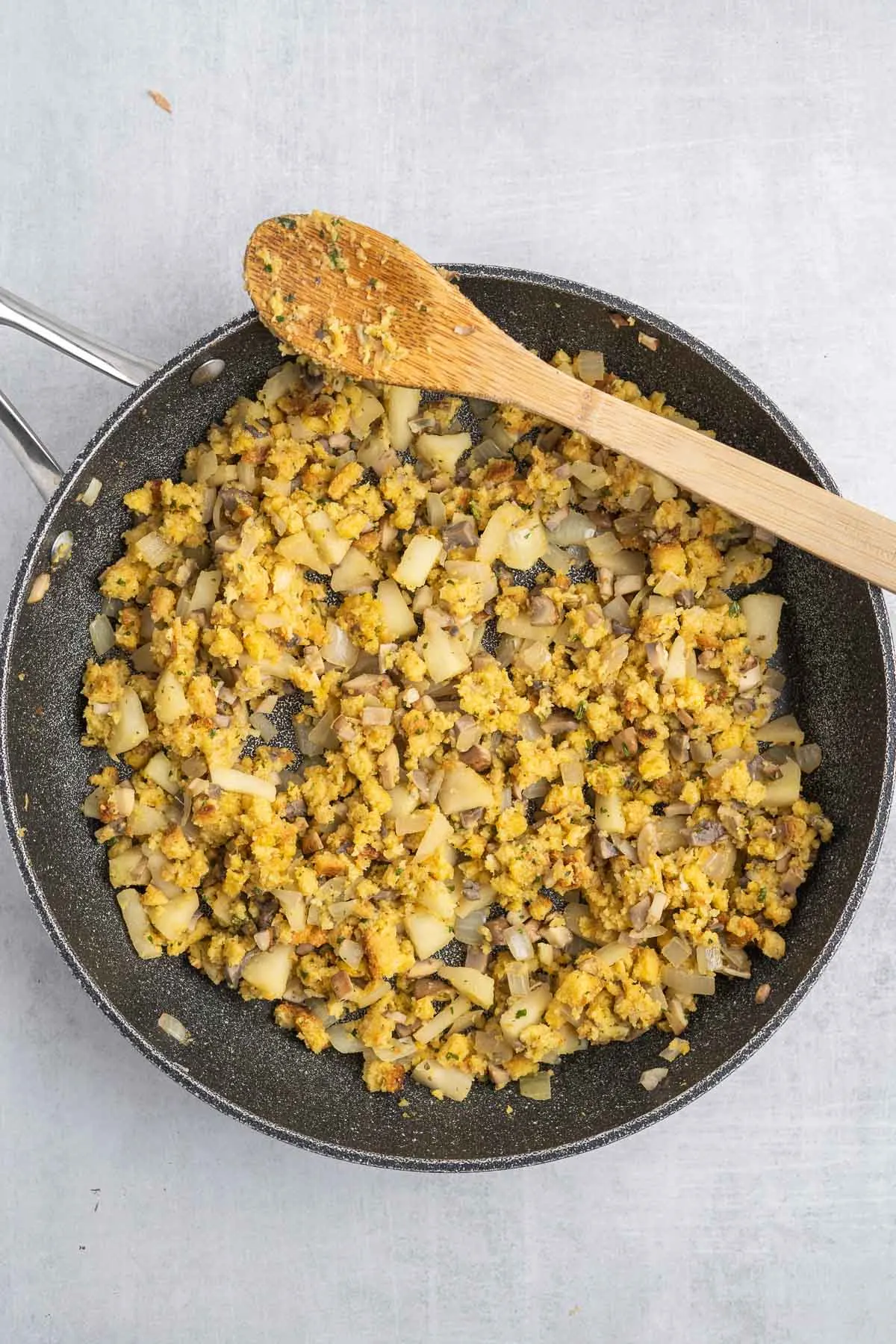 Cornbread stuffing in a frying pan.