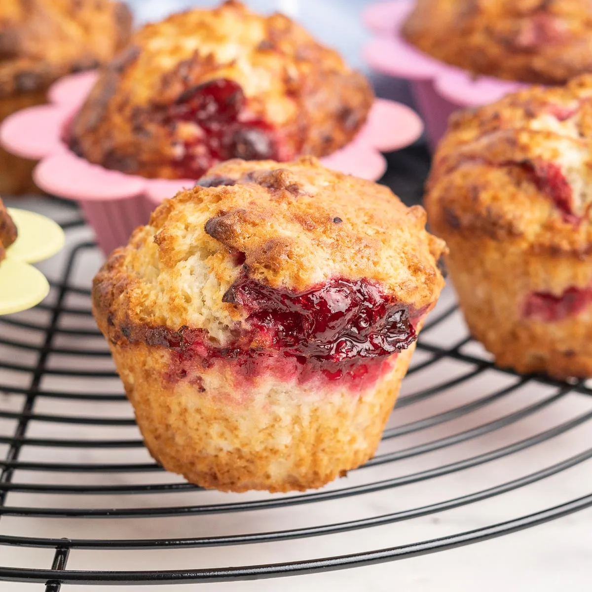 Cranberry muffins on a cooling rack.