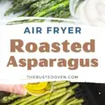 Air fried asparagus on a plate and asparagus in an air fryer basket.