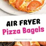 Pizza bagels topped with cheese and pepperoni on a plate and in an air fryer basket.