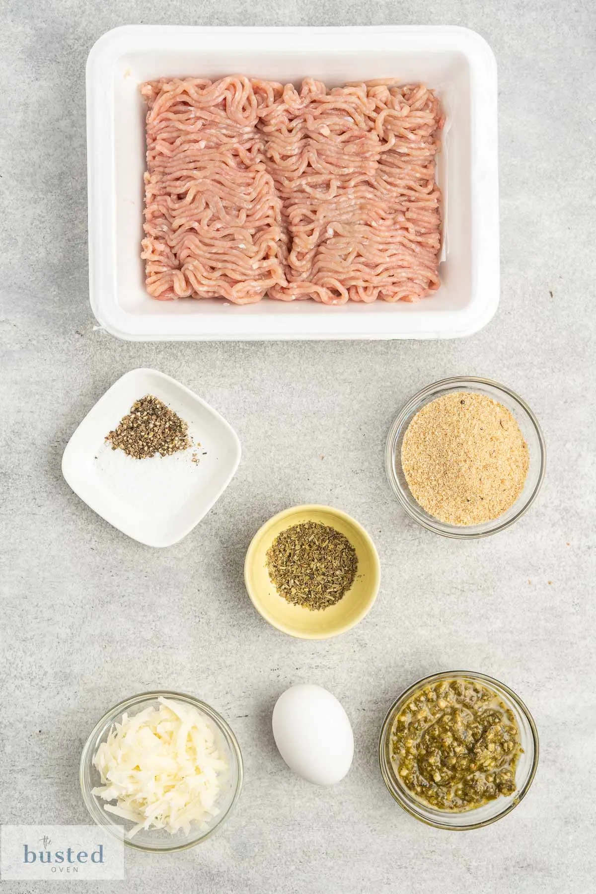 Ingredients for turkey pesto meatballs.