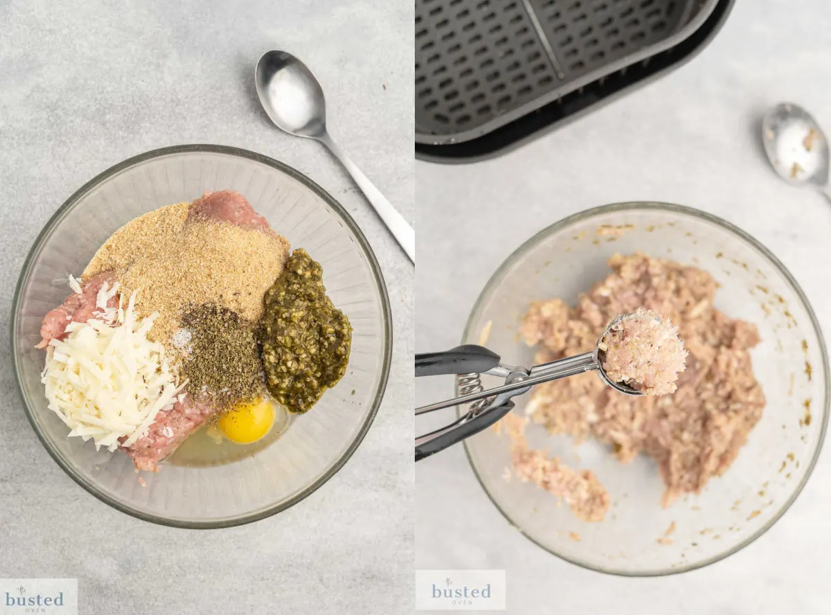 Process steps mixing meatball ingredients in a glass bowl and scooping with a cookie scoop.