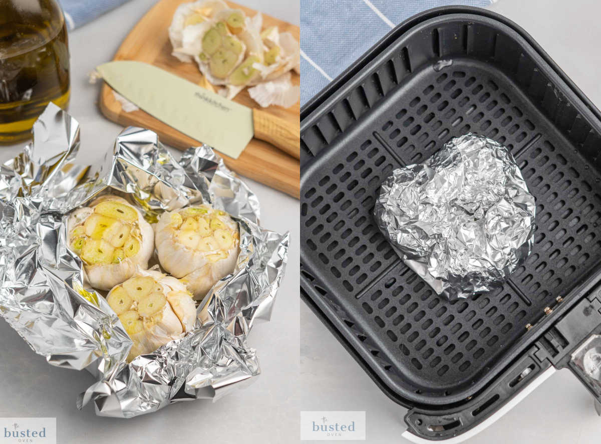 Three garlic bulbs wrapped in tinfoil with olive oil drizzled on top and then fully wrapped in an air fryer basket. 