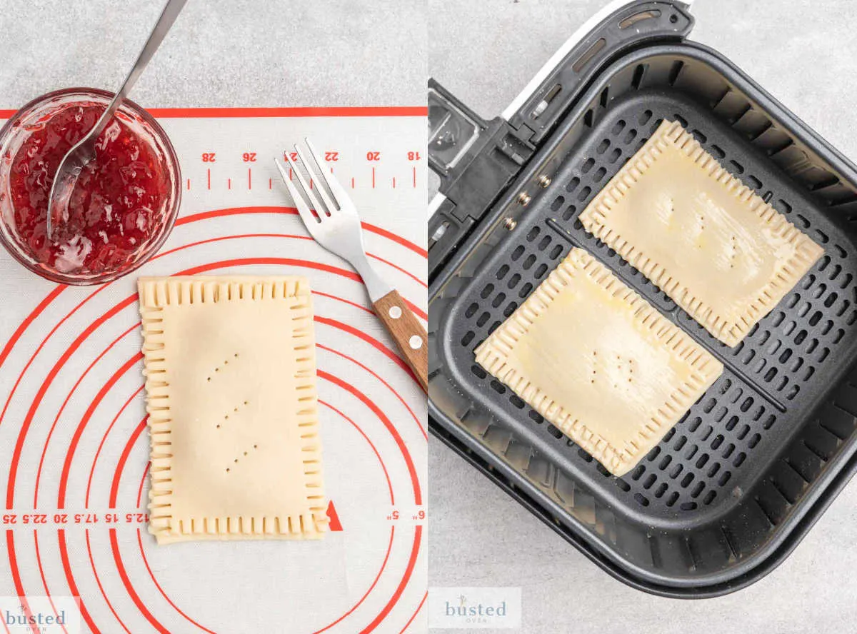 One pop tart on a counter with edges sealed with a fork and two raw pop tarts in an air fryer basket.