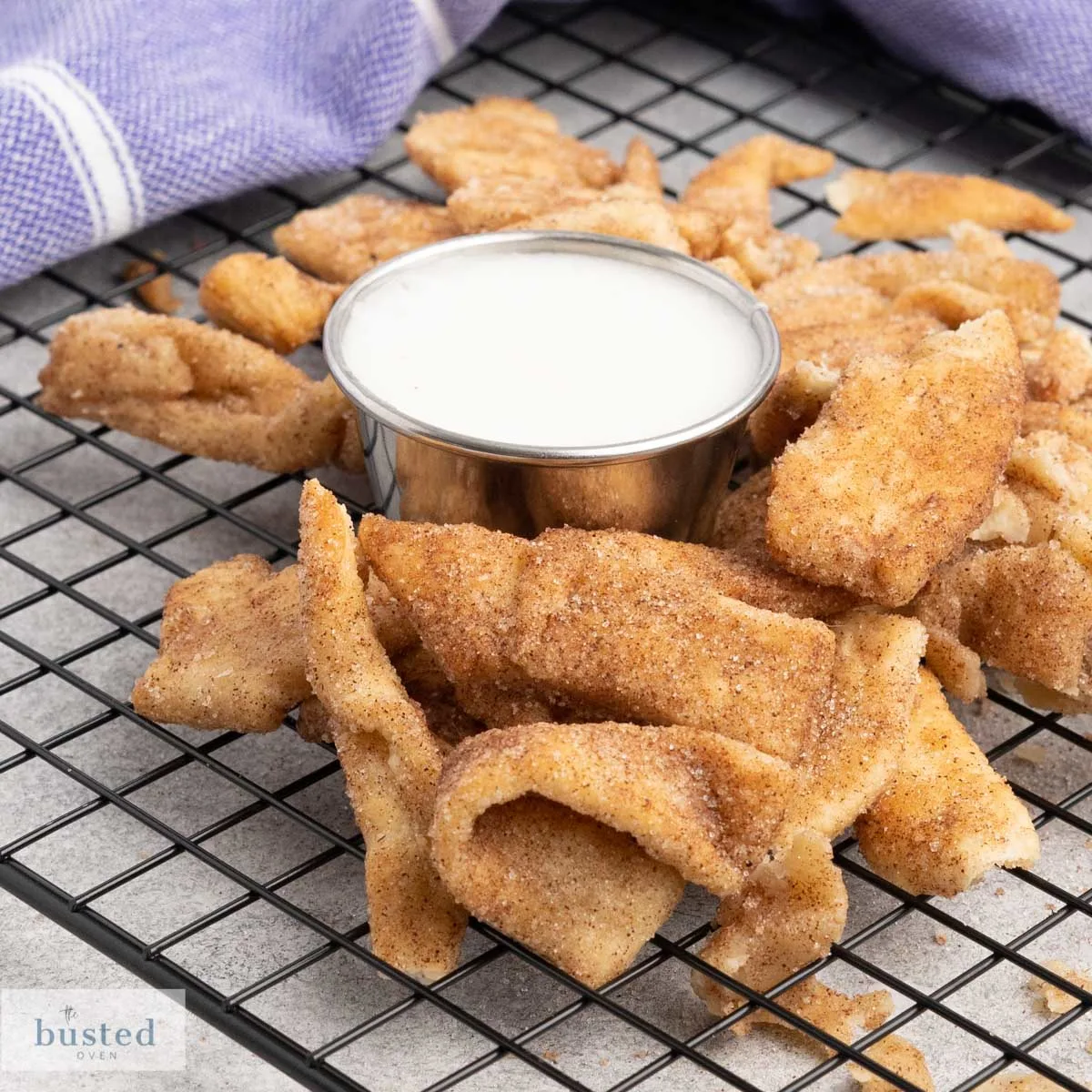 Fried pastry strips coated in cinnamon sugar and a small dish of icing.