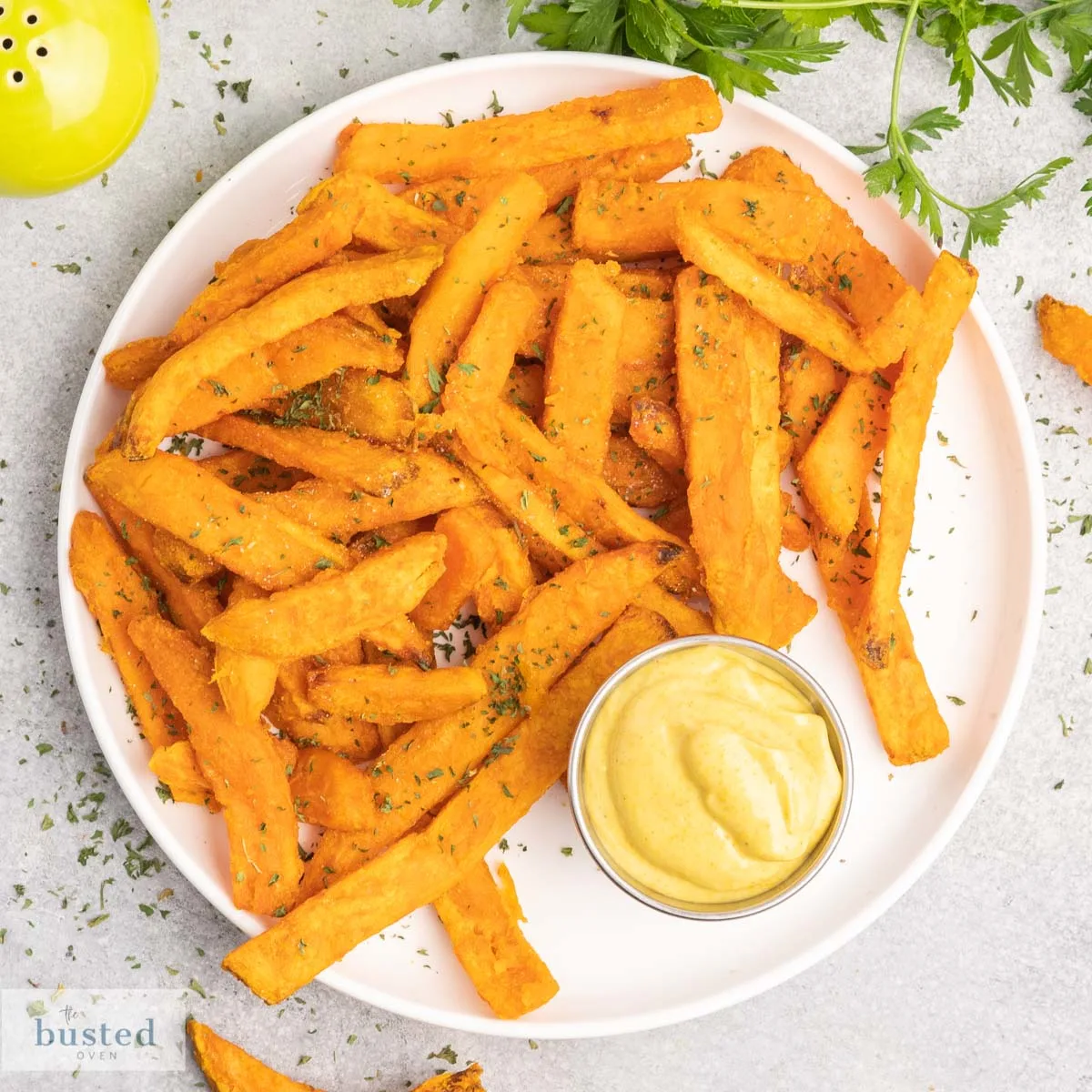 Plate of sweet potato fries with curry dip.