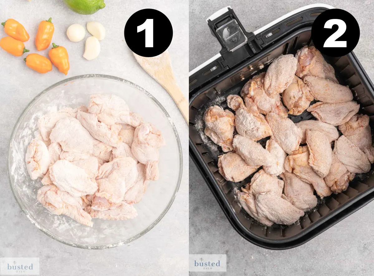 Chicken wings coated with flour seasoning in a bowl, and a single layer in an air fryer basket.