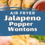 Jalapeno popper wontons on a serving platter with one being dipped in sweet chilli sauce.