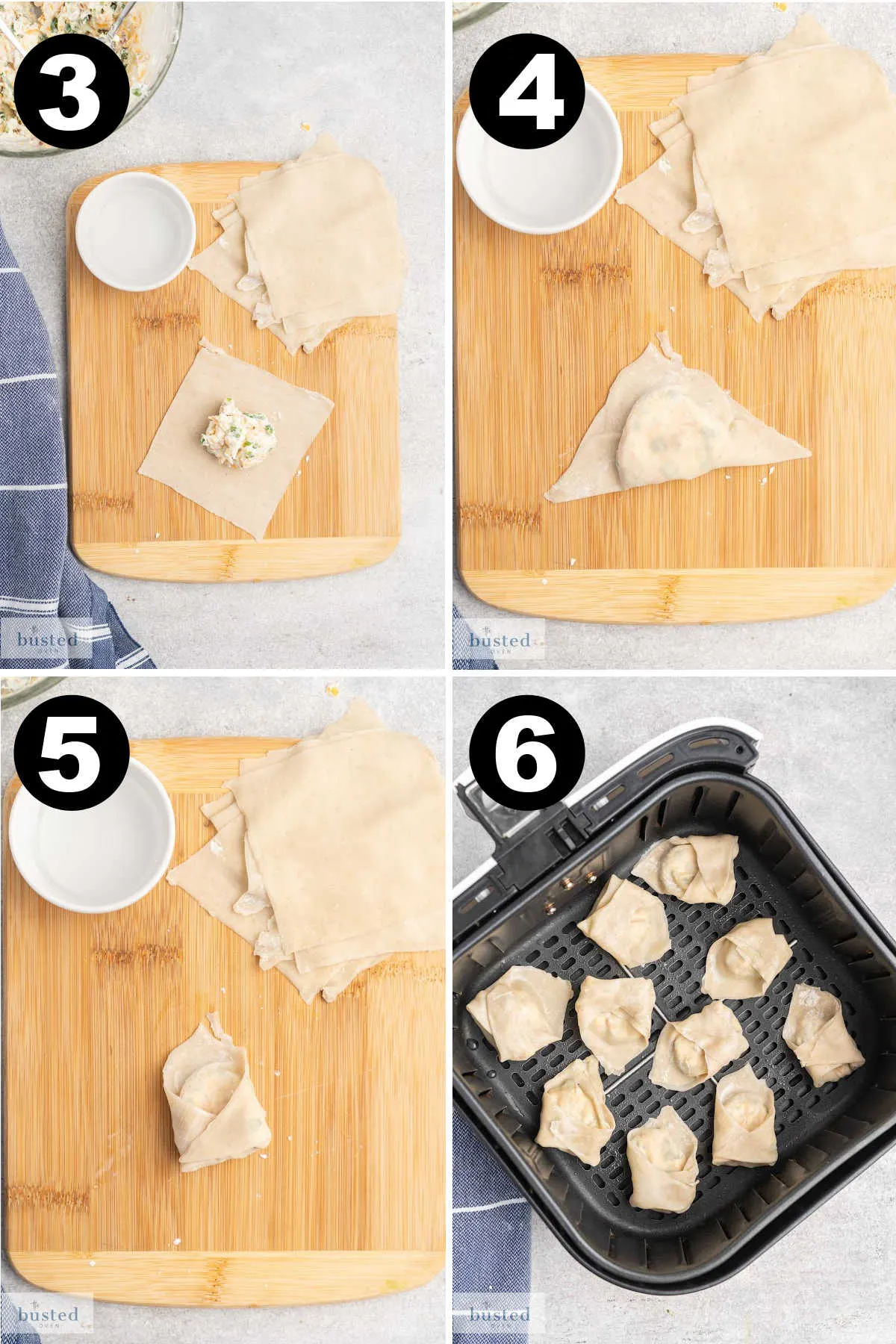 Three images showing the steps of folding the wontons and one image of the wontons in the air fryer basket.