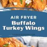 A plate of buffalo turkey wings and a turkey wing flat being dipped in a dish of blue cheese dressing.